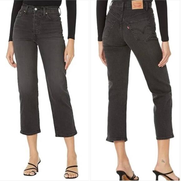 NEW LEVIS Washed Black Ribcage Straight Leg Ankle Crop Denim Jean Jeans 27 NWT - Picture 1 of 10